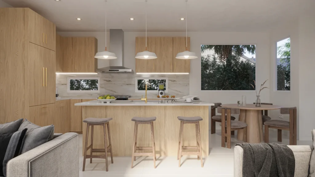 Carrie model kitchen with light oak cabinetry, marble waterfall island, and gold fixtures at Six in the City, College Park Orlando
