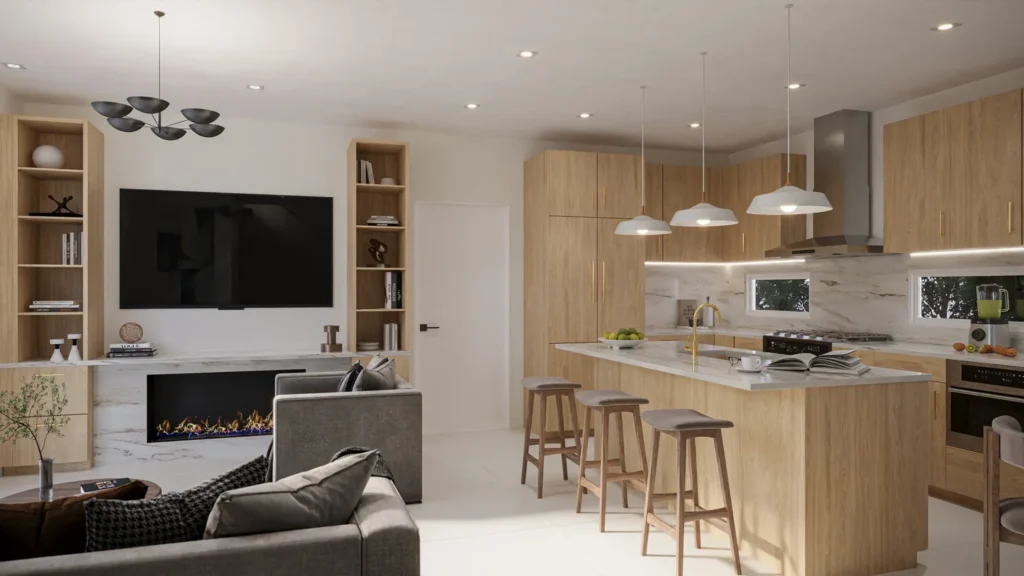 Open-concept living room and kitchen in the Carrie model at Six in the City, a new construction home in College Park, Orlando