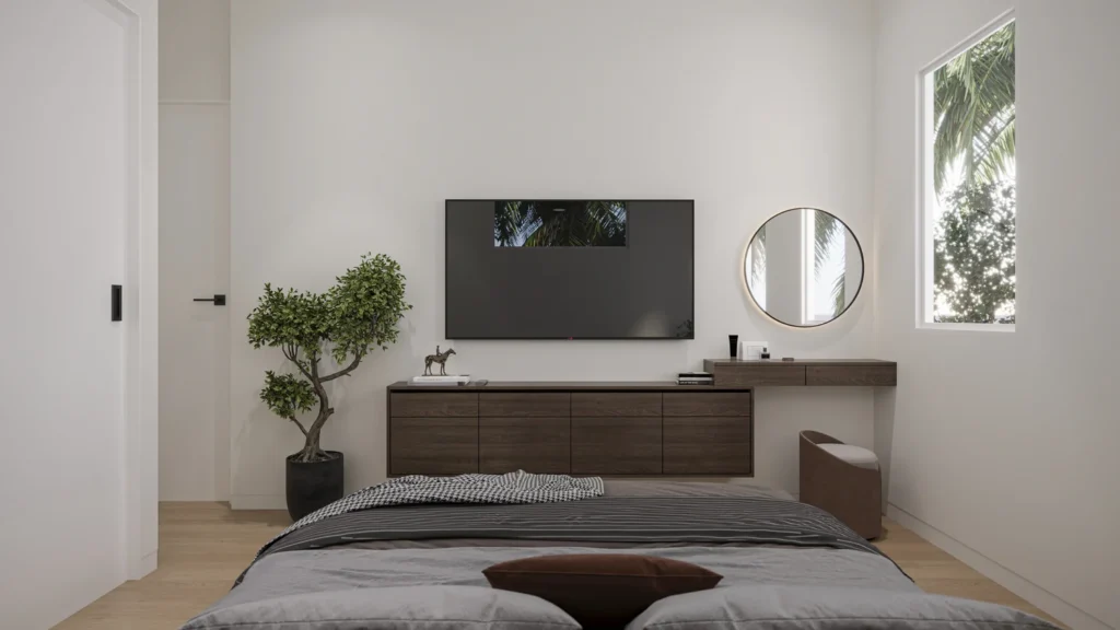 Carrie model secondary bedroom with a media wall and floating credenza at Six in the City in College Park, Orlando