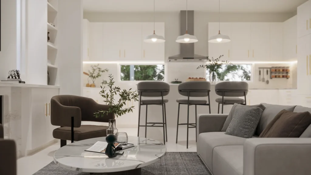Charlotte model kitchen with crisp white cabinetry, gold hardware, and a marble island at Six in the City, College Park Orlando