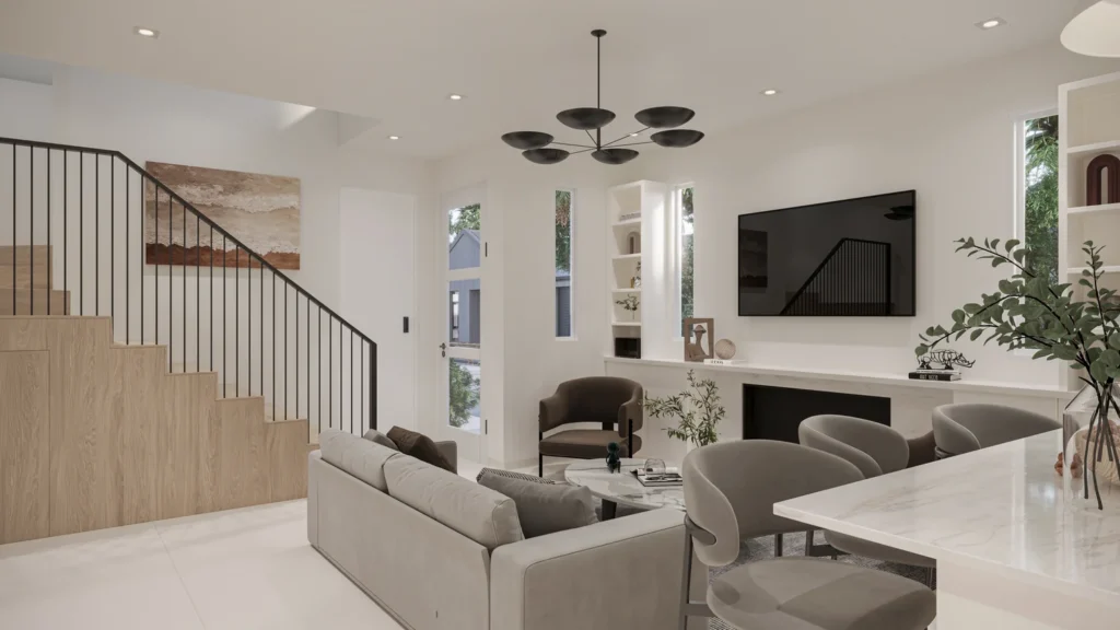 Charlotte model living and dining area with a custom wood staircase and black metal railing at Six in the City, College Park, Orlando
