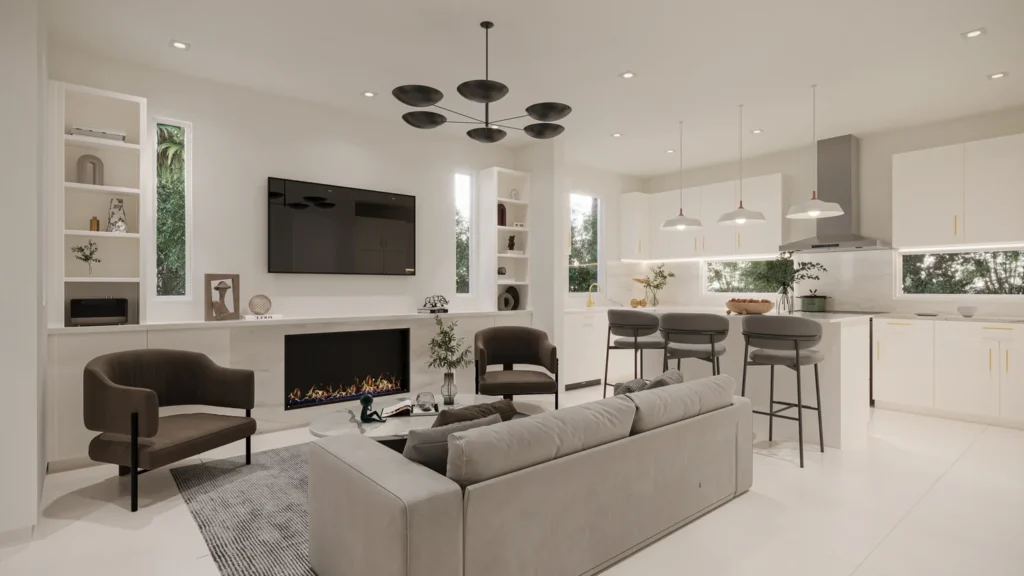 Bright open-concept living room and kitchen in the Charlotte model at Six in the City, a new construction home in College Park, Orlando