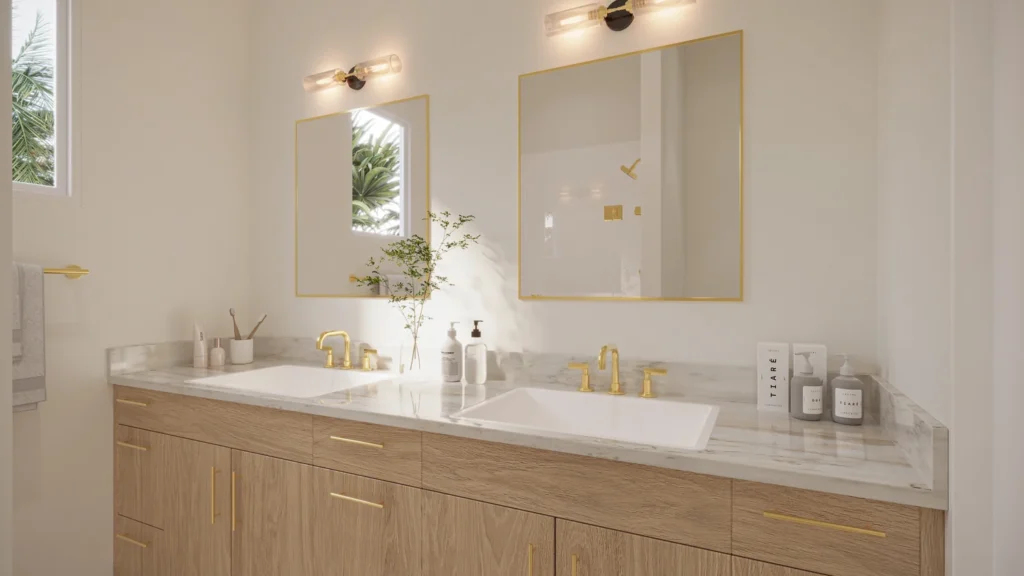 Charlotte model primary bathroom with a double vanity, marble counters, and gold fixtures at Six in the City, College Park Orlando