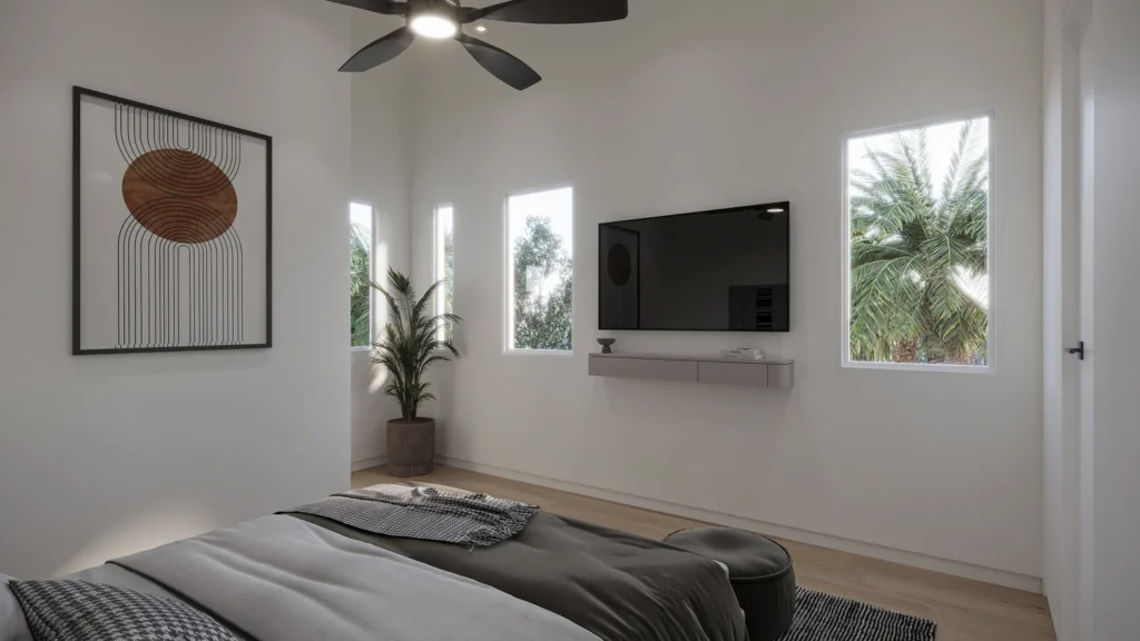 Charlotte model primary bedroom with a wall-mounted TV, floating console, and palm-view windows at Six in the City, College Park Orlando
