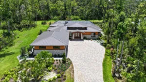 view of japandi home with curved driveway and natural landscaping