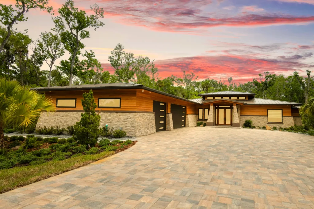 Japandi style custom home exterior at sunset in new smyrna beach