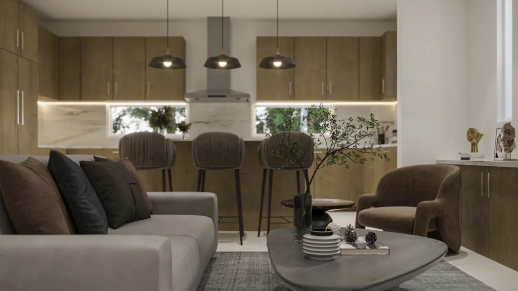 Miranda model kitchen with warm wood cabinetry, marble backsplash, and black pendant lights at Six in the City, College Park Orlando
