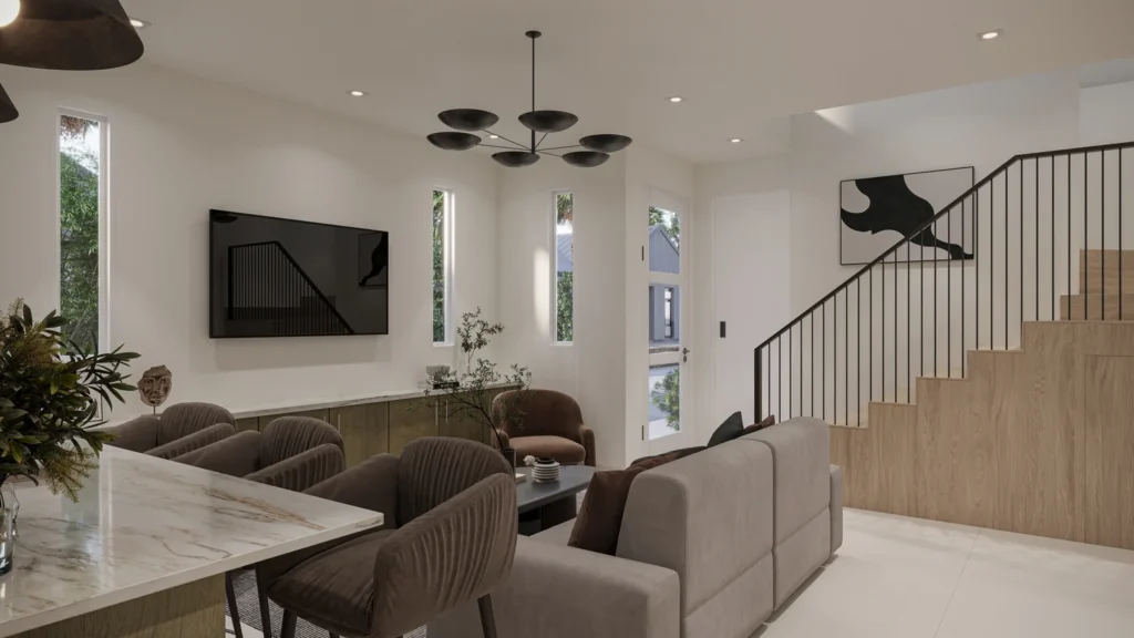 Miranda model living and dining area with a custom wood staircase and black metal railing at Six in the City, College Park, Orlando