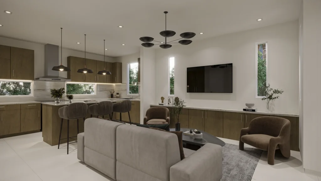 Open-concept living room and kitchen in the Miranda model at Six in the City, a new construction home in College Park, Orlando