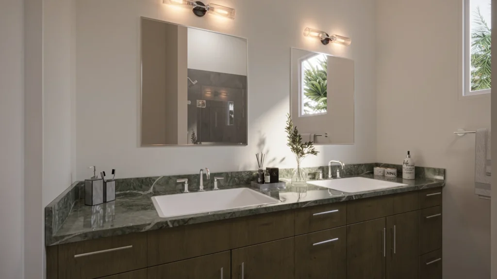 Miranda model primary bathroom with a double vanity, green marble counters, and wood cabinetry at Six in the City, College Park Orlando