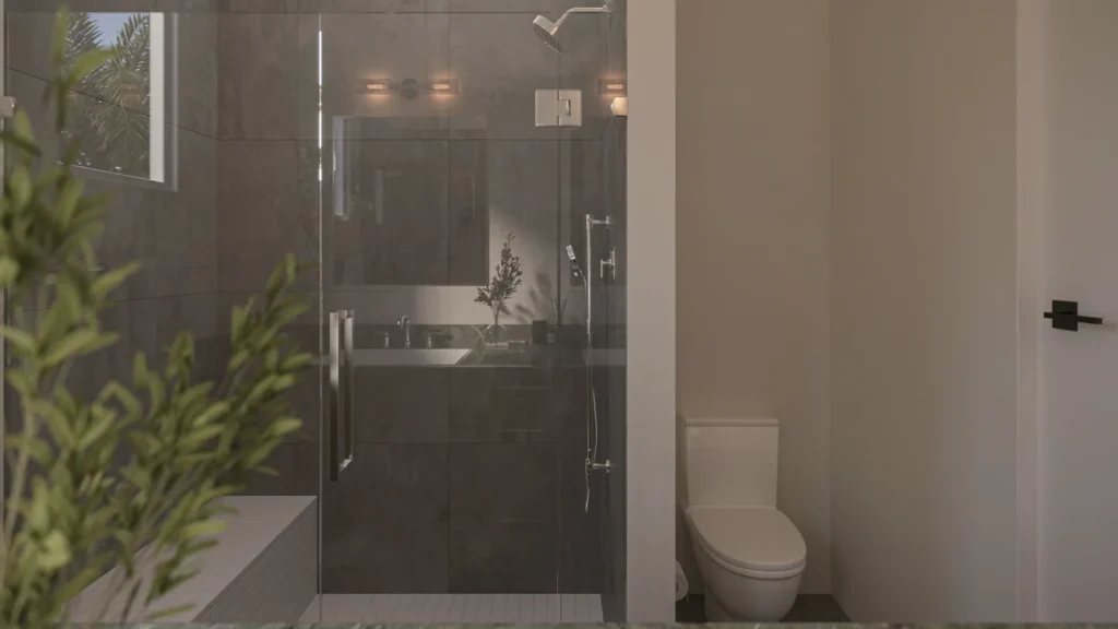 Miranda model primary bathroom with a glass walk-in shower and dark tile at Six in the City in College Park, Orlando