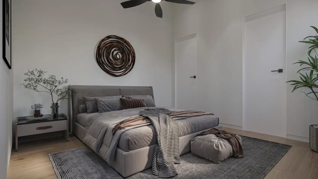 Primary bedroom in the Miranda model with organic wood decor and a neutral palette at Six in the City, College Park, Orlando