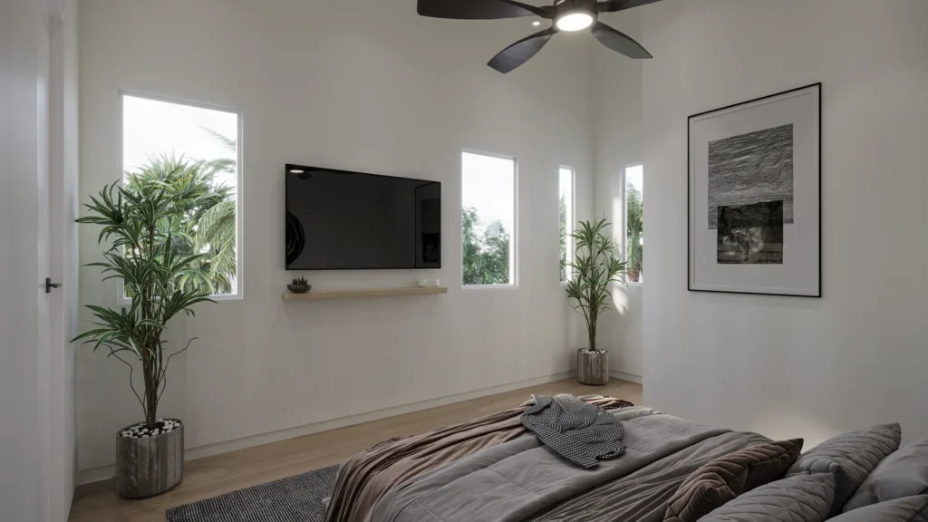 Miranda model primary bedroom with a wall-mounted TV, floating shelf, and palm-view windows at Six in the City, College Park Orlando
