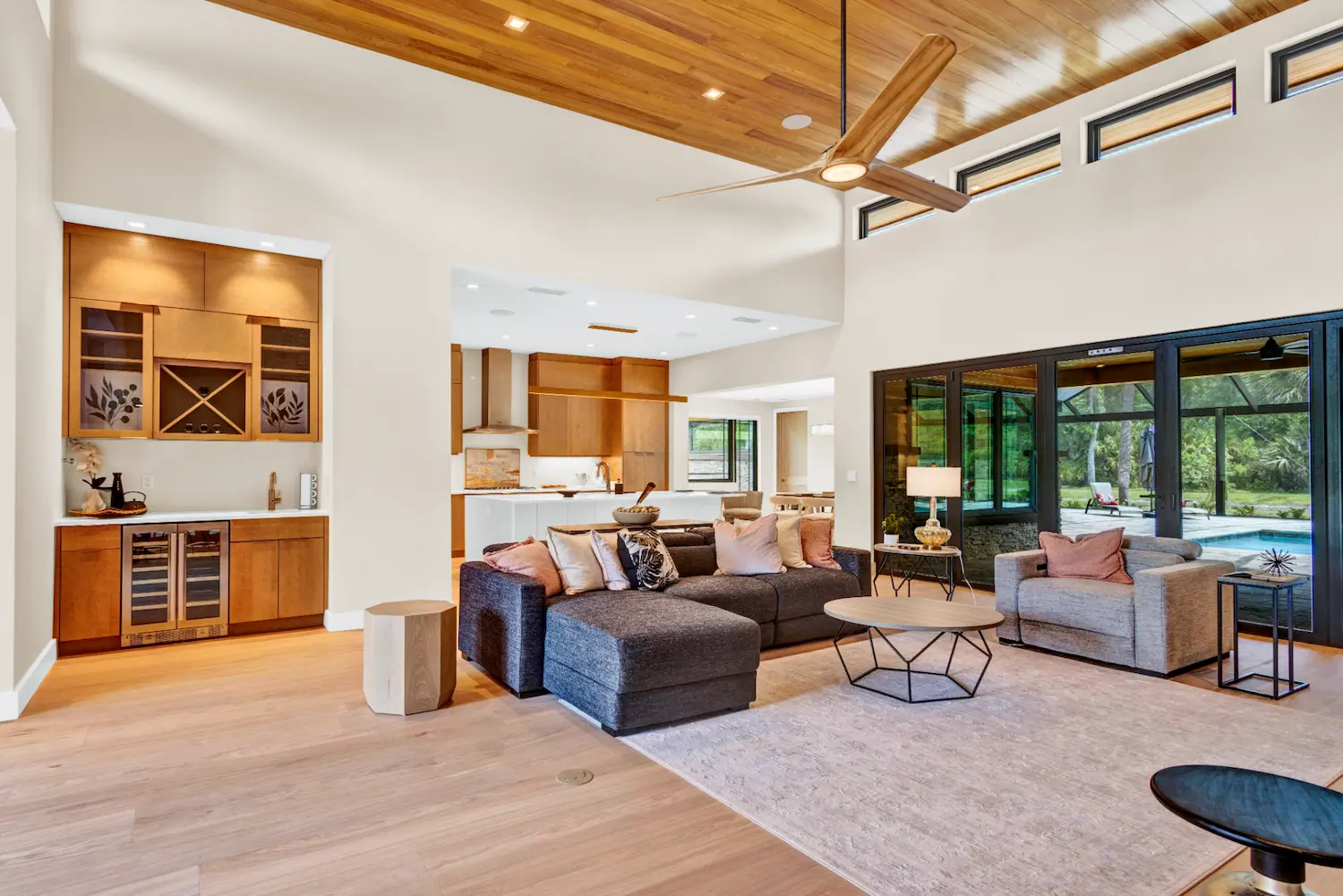 open concept japandi living room and kitchen with natural materials