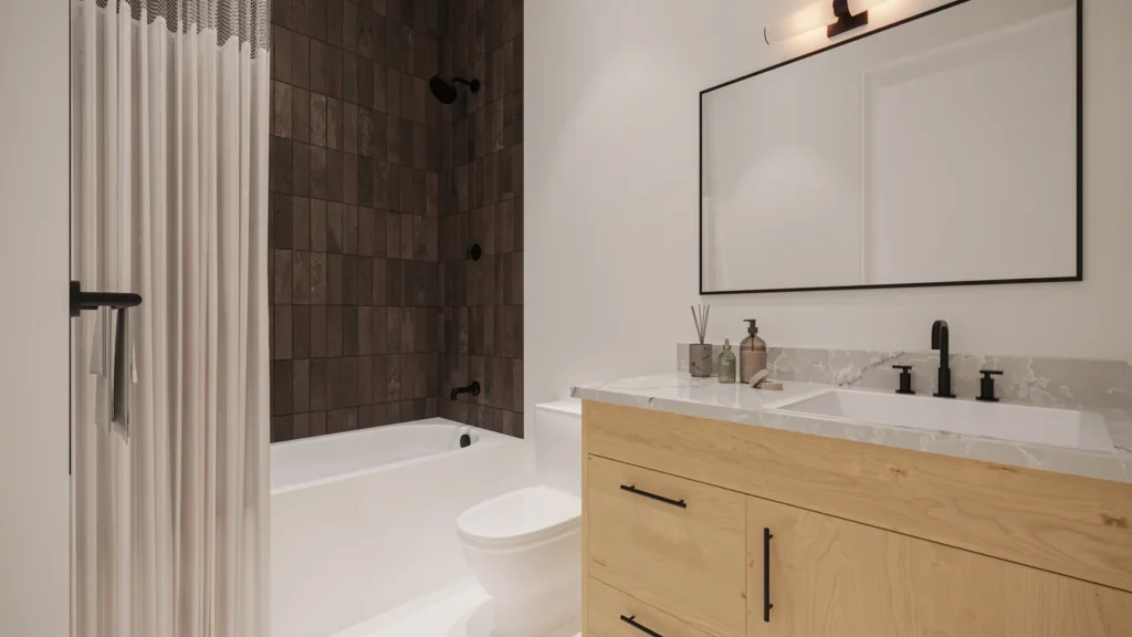Samantha model guest bathroom with a tiled tub-shower, black fixtures, and a wood vanity at Six in the City, College Park, Orlando