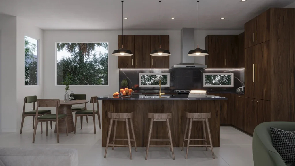 Samantha model kitchen with dark walnut cabinetry, black marble counters, and gold faucet at Six in the City, College Park Orlando