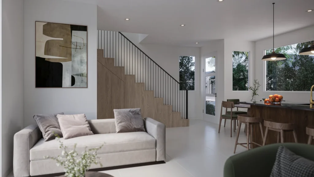 Samantha model living and dining area with a custom wood staircase and black metal railing at Six in the City, College Park, Orlando