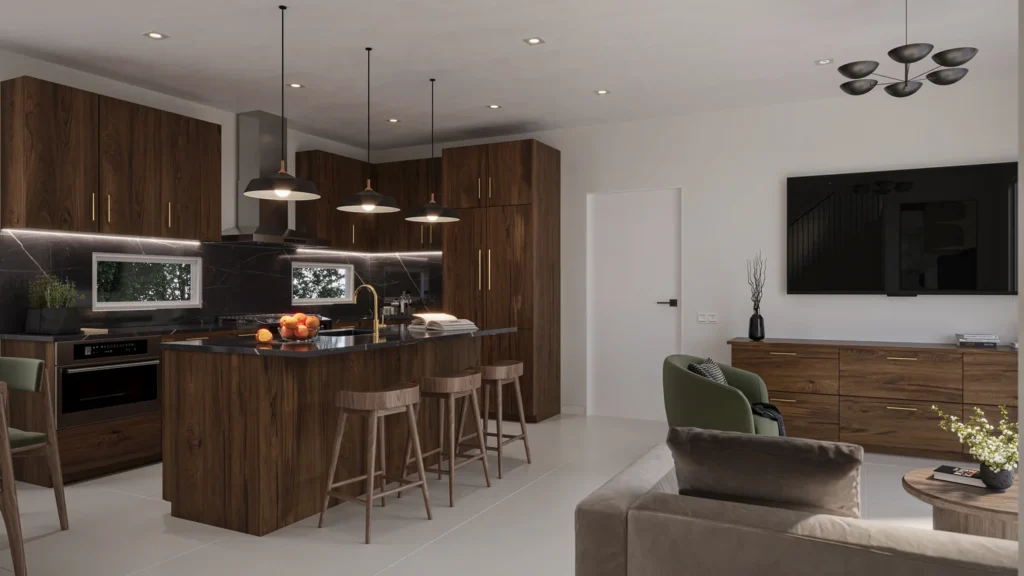 Open-concept living room and kitchen in the Samantha model at Six in the City, a new construction home in College Park, Orlando