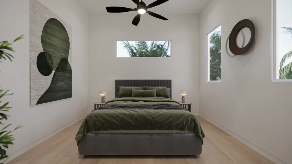 Primary bedroom in the Samantha model with dramatic green bedding and bold accents at Six in the City, College Park, Orlando