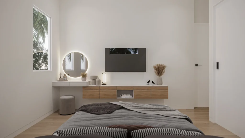 Samantha model secondary bedroom with a media wall, floating credenza, and backlit mirror at Six in the City, College Park Orlando