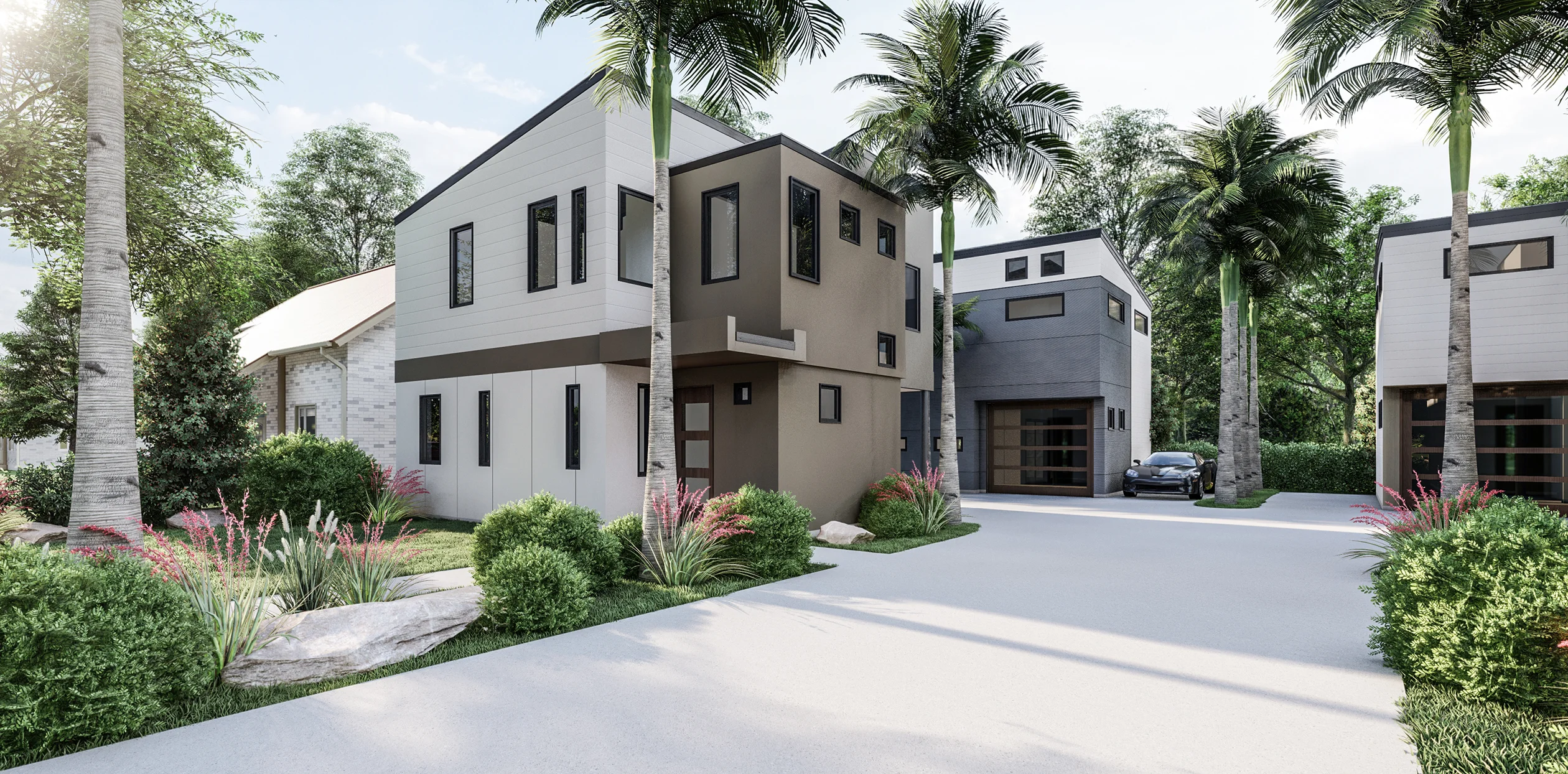 Street-level architectural rendering of the two left-side homes in the Six in the City development in College Park, Orlando, showing a modern two-story home with white horizontal siding and tan stucco accent on the left, and a dark gray and white unit with a wood-panel garage door on the right, lush tropical landscaping with ornamental grasses, flowering shrubs, boulder accents, tall royal palms, and a dark car parked in the driveway under mature tree canopy
