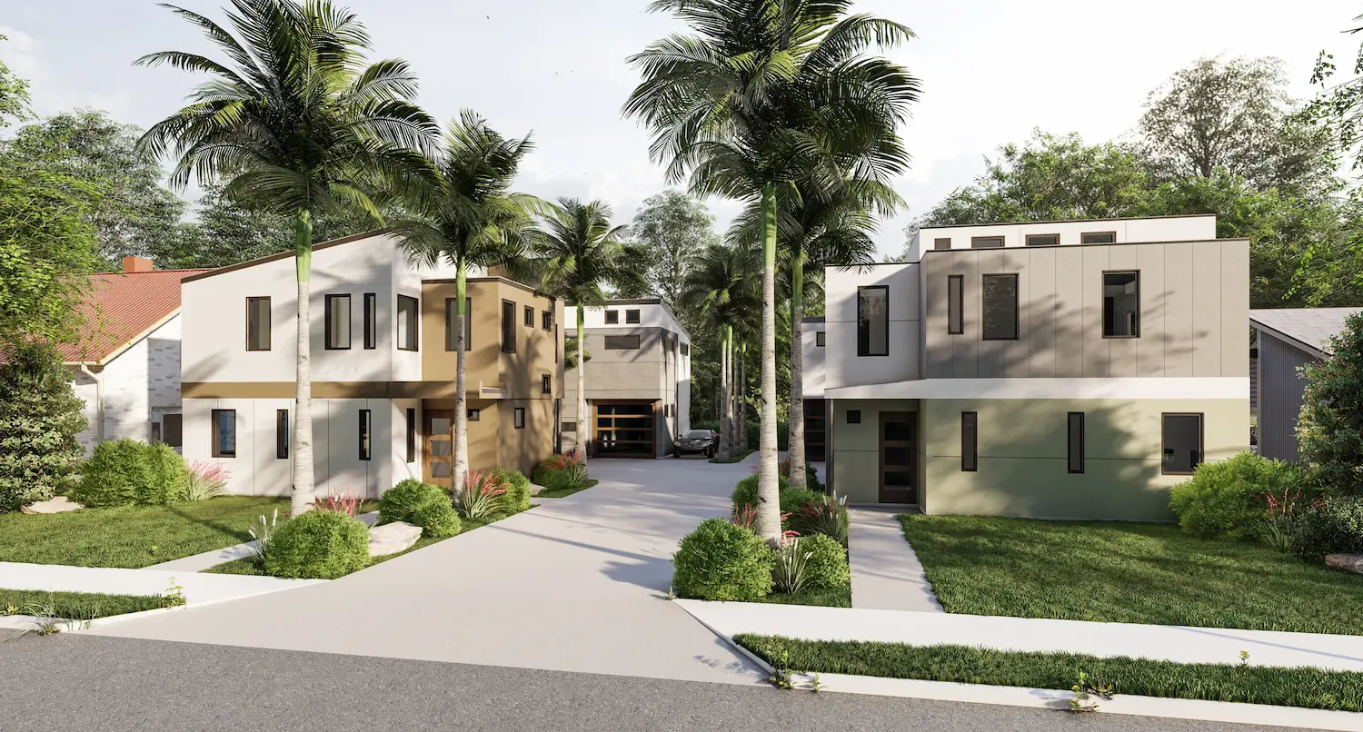 Angled street-level architectural rendering of multiple homes in the Six in the City development in College Park, Orlando, with tan and sage green stucco facades, black-framed windows, and lush tropical landscaping with palm trees