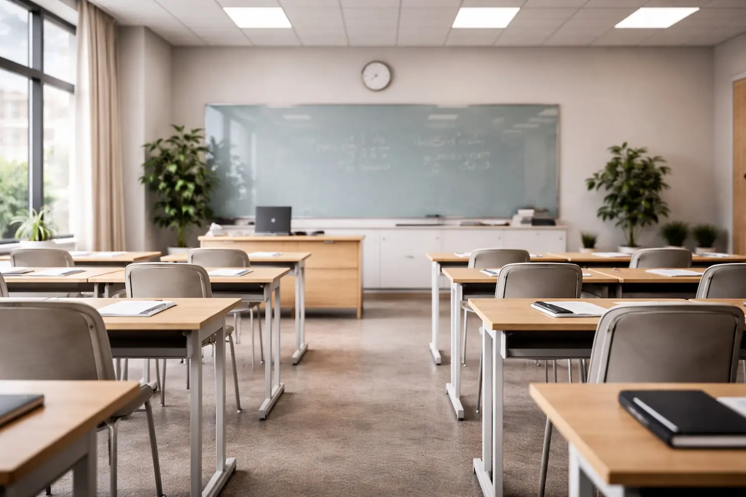 Bright, empty classroom with rows of student desks and a presentation board, representing the highly rated public schools serving Six in the City in College Park, Orlando.